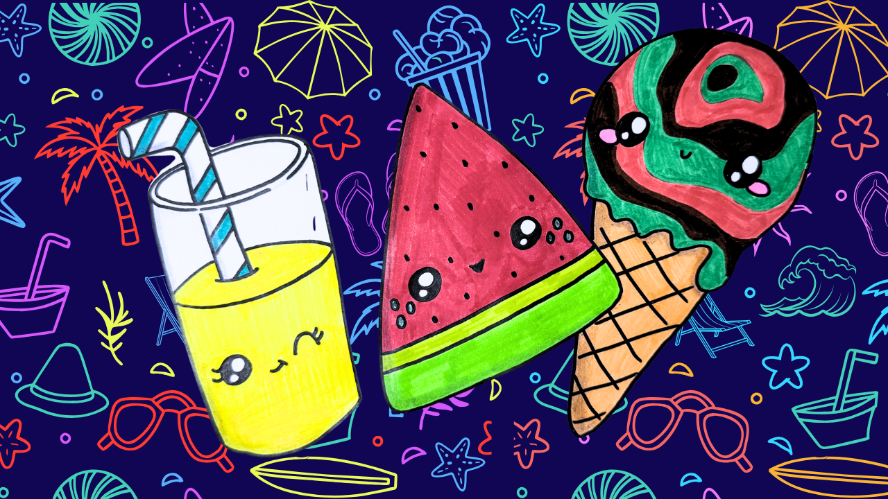 Cute kawaii beach snack drawing lesson for kids featuring a smiling watermelon slice, popsicle, ice cream cone, and lemonade drink. Step-by-step summer art project that teaches young artists how to draw and color fun beach-themed treats.