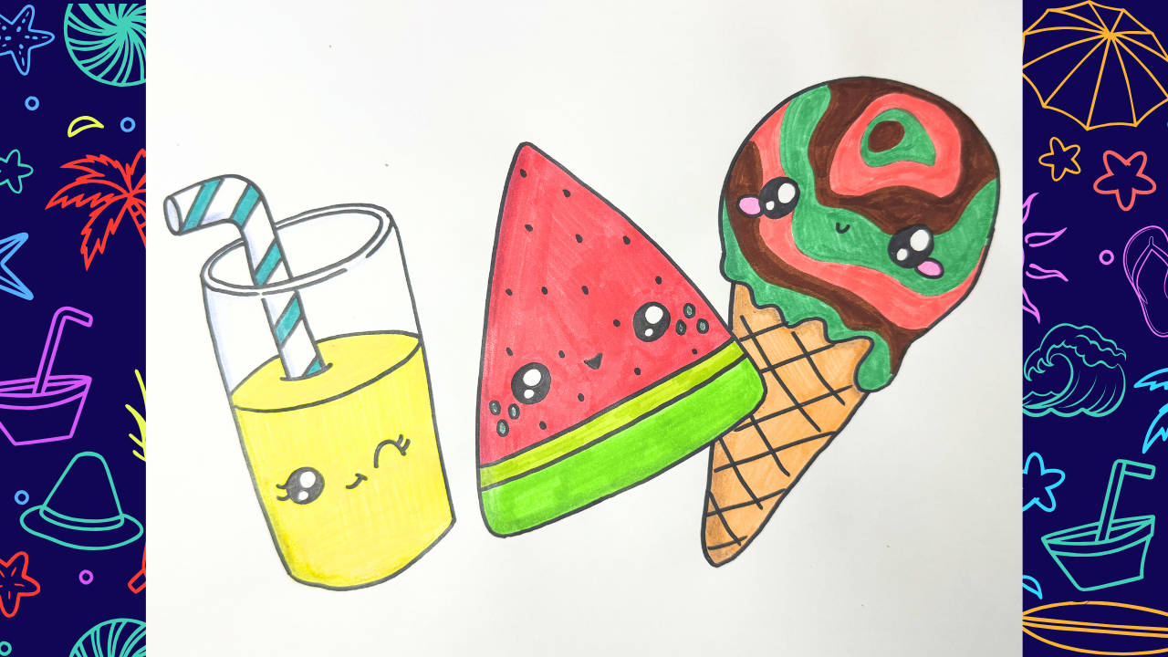 Cute kawaii beach snack drawing lesson for kids featuring a smiling watermelon slice, popsicle, ice cream cone, and lemonade drink. Step-by-step summer art project that teaches young artists how to draw and color fun beach-themed treats.