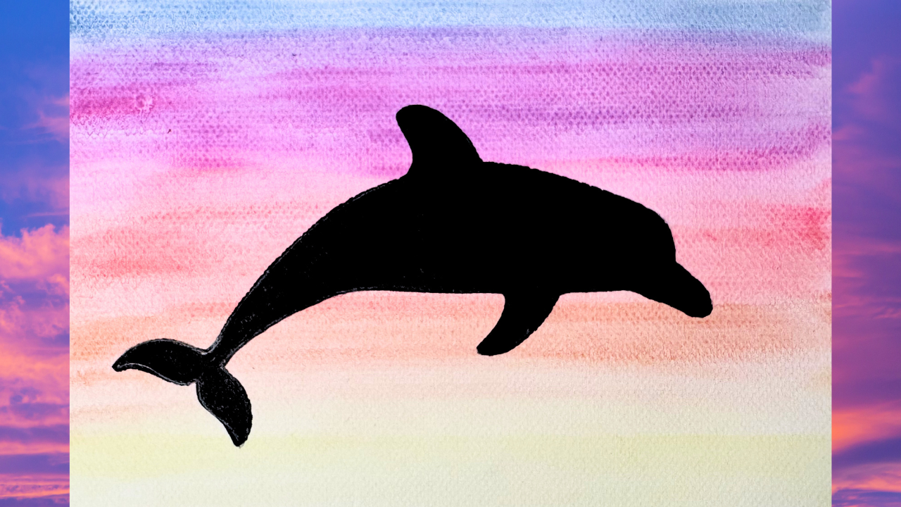 Watercolor sunset silhouette art lesson for kids featuring a colorful sunset gradient background with a bold black silhouette design