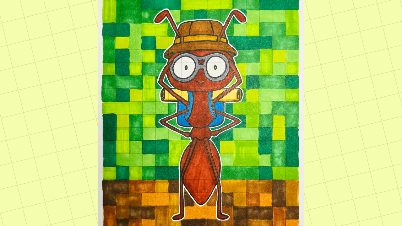 Adventure Ant symmetry drawing lesson for kids on graph paper. This homeschool pixel art project teaches line symmetry by drawing a backpacking ant character, then explores asymmetry with a colorful pixel-pattern background. Perfect for elementary math and art integration.
