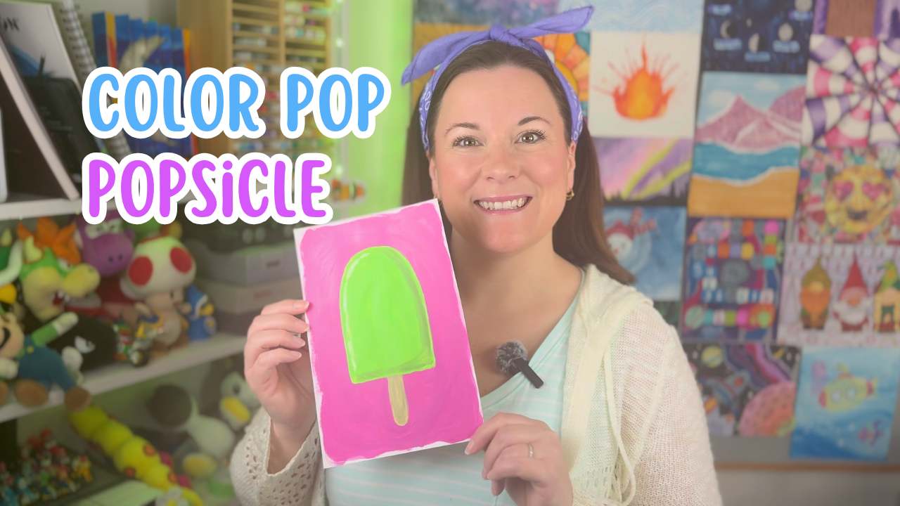 Color Pop Popsicle acrylic painting lesson for kids featuring highlight and shadow techniques with a bold complementary color background