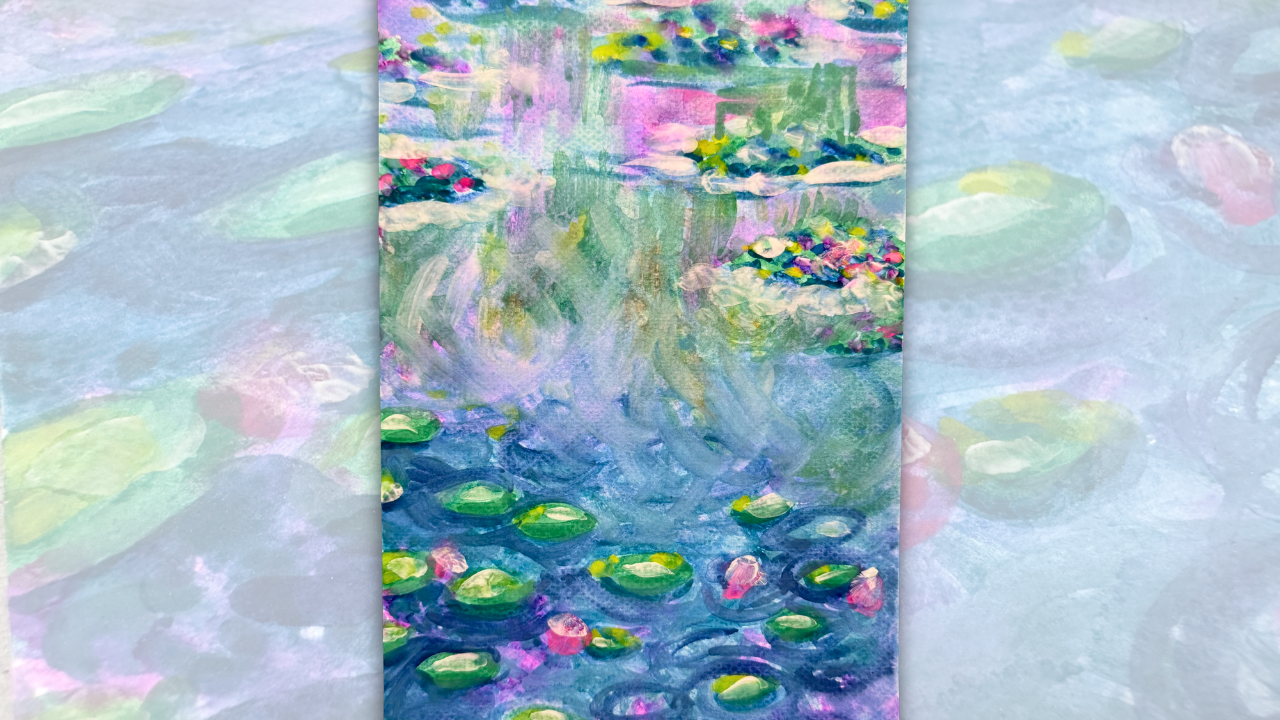 Watercolor painting lesson for kids inspired by Claude Monet's Water Lilies. This homeschool art project teaches Impressionist painting techniques as young artists create an original pond scene with lily pads, flowers, and colorful watercolor reflections.