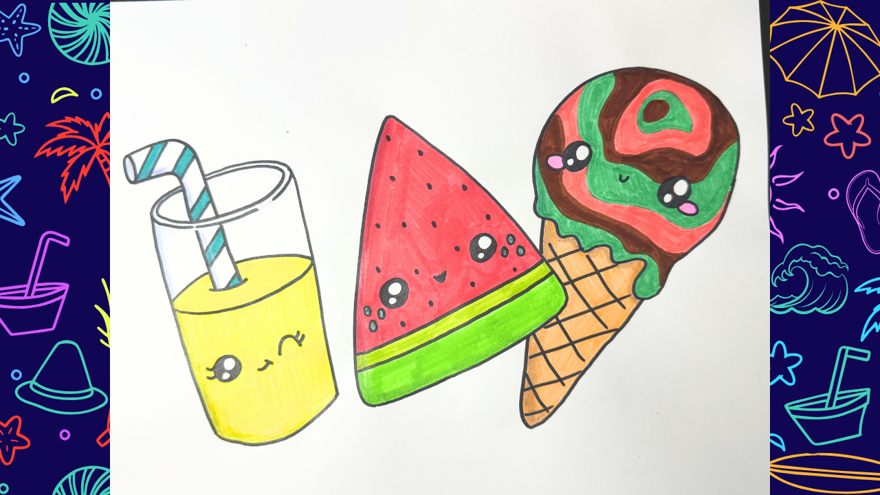 Cute kawaii beach snack drawing lesson for kids featuring a smiling watermelon slice, popsicle, ice cream cone, and lemonade drink. Step-by-step summer art project that teaches young artists how to draw and color fun beach-themed treats.