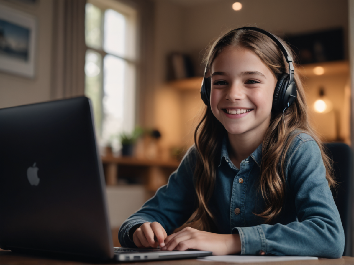 Student engages in online school through a laptop with web conferencing