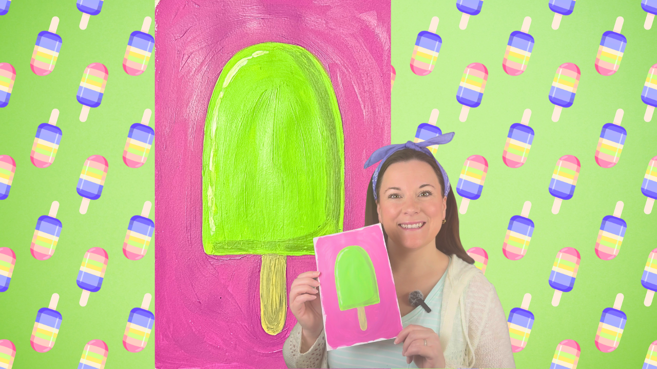 Color Pop Popsicle acrylic painting lesson for kids featuring highlight and shadow techniques with a bold complementary color background