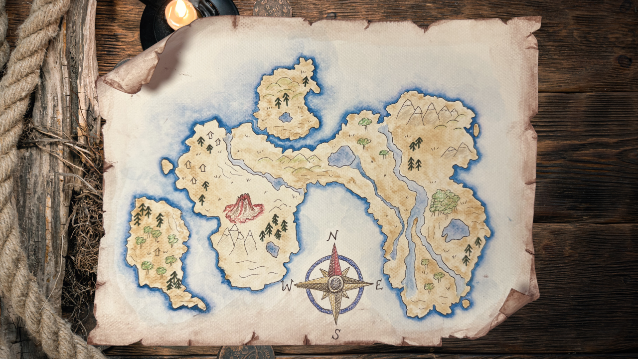 Fantasy map making art lesson for kids featuring a hand-drawn treasure map with mountains, forests, rivers, castles, dragons, and a compass rose. Creative drawing activity that encourages imagination, storytelling, and world-building for homeschool art, elementary students, and family art lessons.